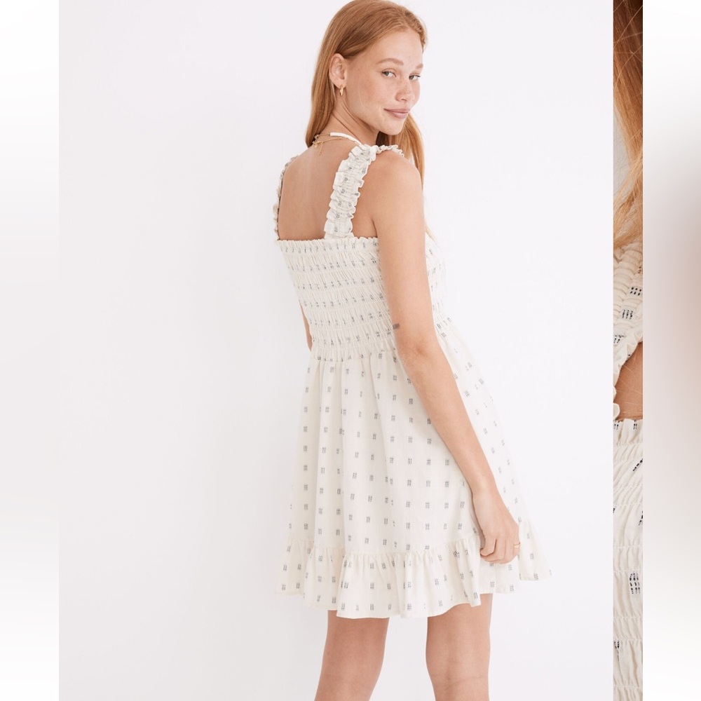 Madewell Lucie Smocked Tank Mini Dress Textural Clipdot cream wide strap M NWT - Picture 2 of 8